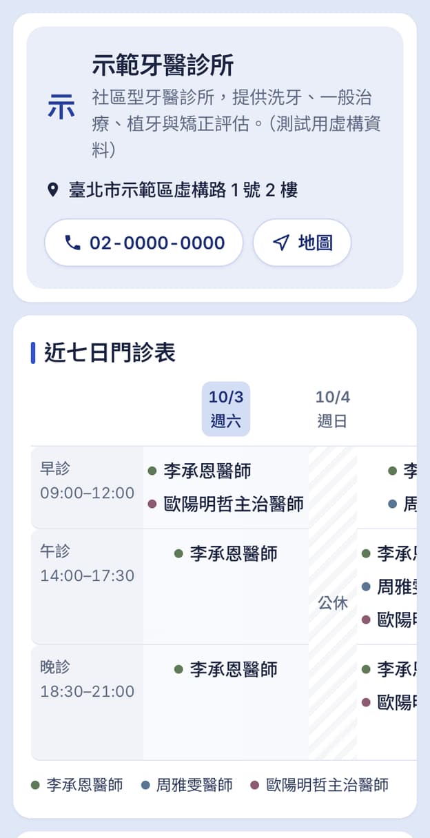患者手機上的診所掛號頁:診所資訊、電話與地圖按鈕、近七日門診表