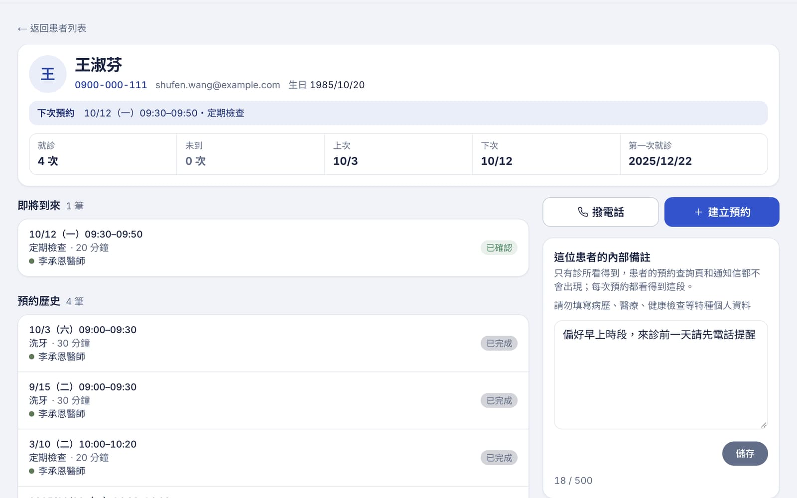患者頁:就診次數、上次與下次、即將到來的預約與預約歷史,右側是內部備註